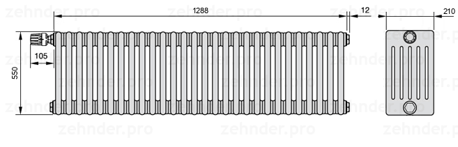 Схема (чертеж) Радиатор Zehnder Charleston 6055/28 №V012 Белый глянцевый RAL 9016